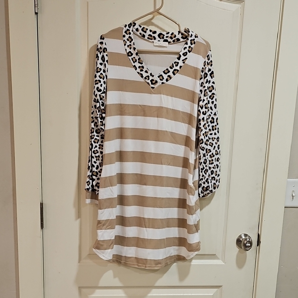Striped and Leopard Print Long Sleeve Dress